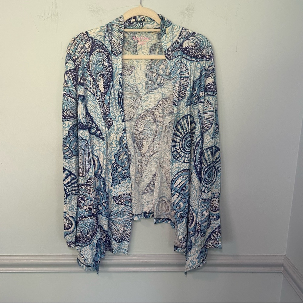 Lilly Pulitzer Classic Blue Seashell Print Cardigan Sweater Size Large